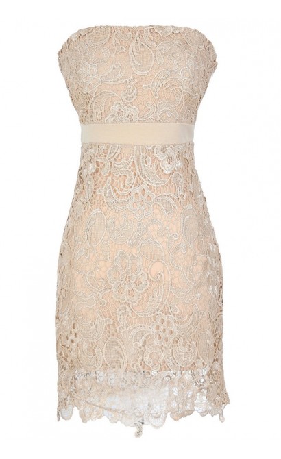 Make A Wish Crochet Lace Strapless Dress in Beige